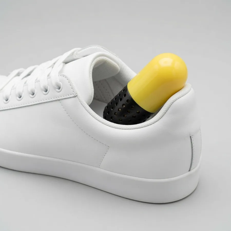 Odor eliminator capsule inside a sneaker