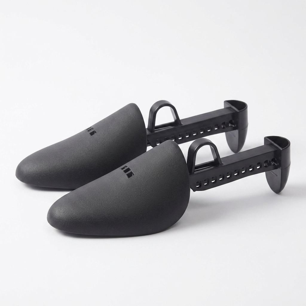 Black adjustable plastic shoe trees, angled studio view