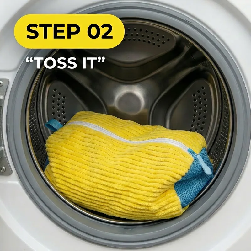 Step 2 — toss it: the zipped bag inside a washing machine drum