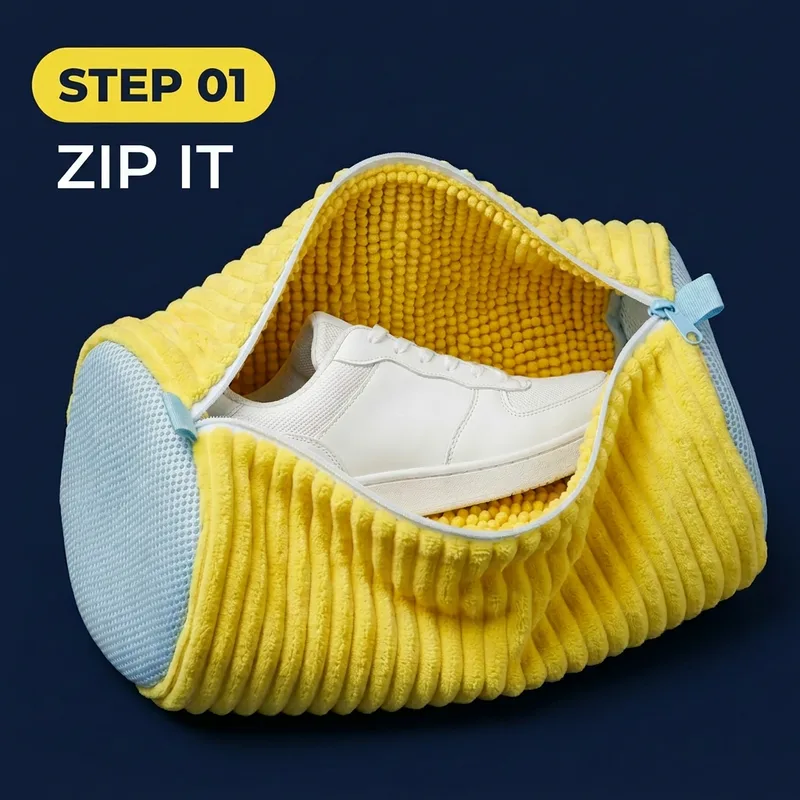 Step 1 — zip it: sneaker placed inside the open yellow laundry bag